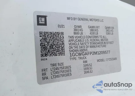 2021 Chevrolet Express Cargo Rwd 2500 Regular Wheelbase Wt из США, поврежденный, VIN 1GCWGAFP2M1209577